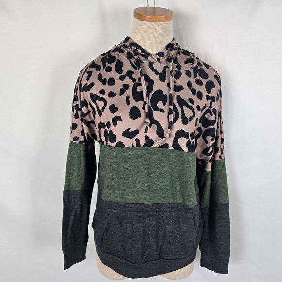 Hoodie Women's Small Army Green Tan Black Leopard Print Pockets Long Sleeve - Picture 1 of 16